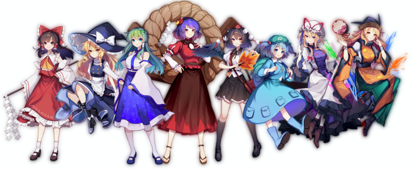 6+girls apron aqua_boots aqua_hair aqua_jacket aqua_skirt ascot bag black_hair black_hat black_ribbon black_shoes black_skirt black_socks black_vest black_wings blonde_hair blue_eyes blue_shoes blue_skirt boots bow braid brown_eyes brown_hair closed_mouth collared_shirt detached_sleeves dress drum footwear_bow frilled_shirt_collar frills frog_hair_ornament full_body gloves gohei green_hat green_skirt hair_between_eyes hair_bow hair_ornament hakurei_reimu hand_fan hand_on_own_hip hat hat_bow hat_ribbon hauchiwa highres holding holding_fan holding_gohei instrument jacket kawashiro_nitori kirisame_marisa kneehighs kochiya_sanae layered_sleeves leaf_hair_ornament long_hair long_sleeves looking_at_viewer mary_janes matara_okina mob_cap multiple_girls neck_ribbon onbashira orange_sleeves orange_tabard paw_print_soles puffy_short_sleeves puffy_sleeves purple_eyes purple_tabard red_bow red_hat red_ribbon red_shirt red_skirt ribbon rope sandals shameimaru_aya shimenawa shirt shoes short_hair short_over_long_sleeves short_sleeves shoulder_bag side_braid single_braid skirt sleeveless sleeveless_shirt smile socks standing tabard tokin_hat touhou trigram very_long_hair vest waist_apron white_apron white_bow white_dress white_gloves white_hat white_shirt white_sleeves white_socks wide_sleeves wings witch_hat yakumo_yukari yasaka_kanako yellow_ascot yellow_eyes yinco
