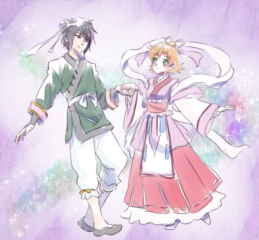 1boy 1girl black_hair chinese_clothes cosplay full_body green_eyes hagoromo hanfu hikoboshi hikoboshi_(cosplay) iesupa lie_ren nora_valkyrie orange_hair orihime_(cosplay) orihime_(tanabata) rwby shawl sparkle_background tanabata