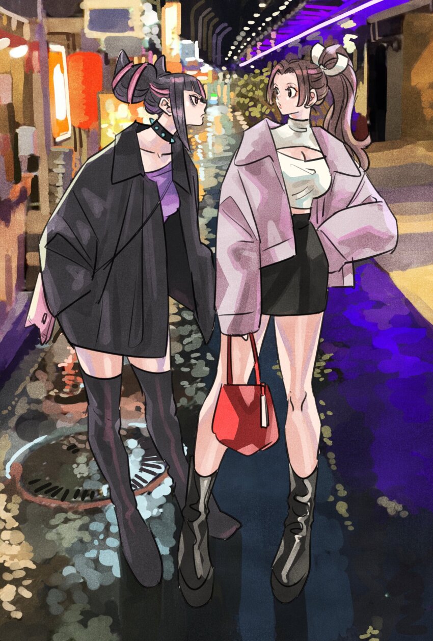 2girls alternate_costume bad_tag bag black_choker black_footwear black_hair black_jacket black_skirt boots breasts brown_hair building choker cleavage cleavage_cutout clothing_cutout crossover fatal_fury full_body hair_horns hair_ornament han_juri hand_on_own_hip high_ponytail highres holding holding_bag jacket long_hair looking_at_another multiple_girls open_clothes open_jacket outdoors parted_bangs pink_jacket ponytail purple_shirt shiranui_mai shirt skirt spiked_choker spikes standing street_fighter street_fighter_6 takeuchi_ryousuke the_king_of_fighters thigh_boots turtleneck turtleneck_shirt white_shirt