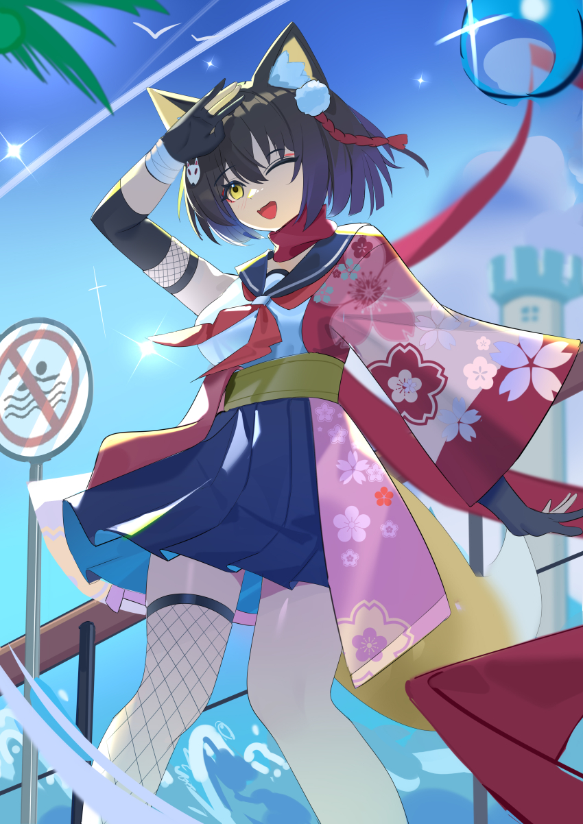1girl absurdres animal_ear_fluff animal_ears black_gloves black_hair blue_archive blue_skirt blue_sky breasts colored_tips dutch_angle feet_out_of_frame fishnets fox_ears fox_girl fox_hair_ornament fox_tail gloves highres izuna_(blue_archive) kanoko_(pattern) multicolored_hair no_halo npp_(artist) one_eye_closed open_mouth outdoors partially_fingerless_gloves short_hair simple_bird single_thighhigh single_wide_sleeve skirt sky solo star_(sky) tail thighhighs yellow_eyes yellow_tail