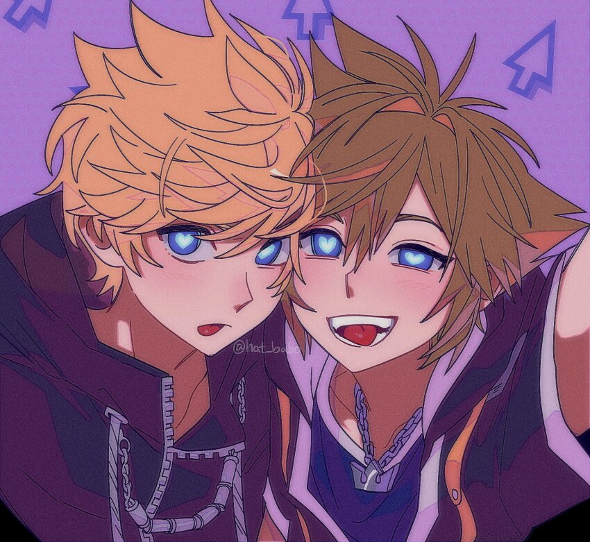 2boys black_coat_(kingdom_hearts) blonde_hair blue_eyes brown_hair crown_necklace cursor hat_babo heart heart-shaped_pupils highres kingdom_hearts male_focus multiple_boys purple_background roxas short_hair smile sora_(kingdom_hearts) spiked_hair symbol-shaped_pupils tongue tongue_out twitter_username