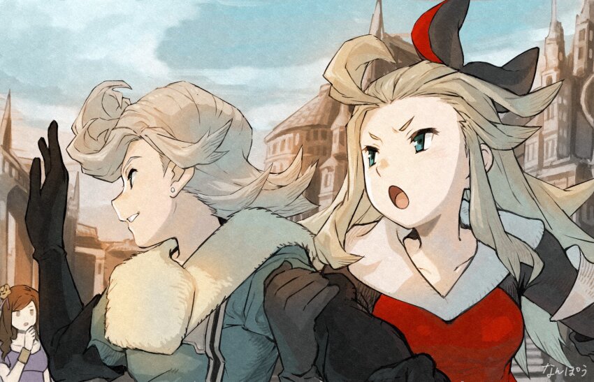 1boy 2girls ahoge blonde_hair blue_eyes bow bravely_default:_flying_fairy bravely_default_(series) earrings edea_lee elbow_gloves gloves hair_bow highres jewelry long_hair multiple_girls nanpou_(nanpou0021) open_mouth ringabel smile
