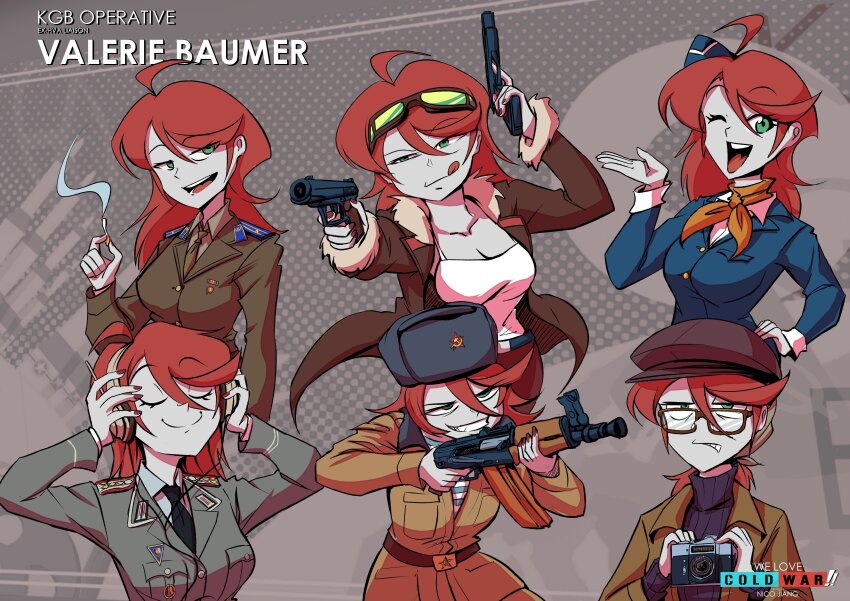 1girl absurdres aks-74u assault_rifle black_necktie blue_jacket brown_jacket camera reference_sheet cigarette dual_wielding flight_attendant fur-trimmed_jacket fur_trim green_eyes green_jacket green_necktie gun hammer_and_sickle handgun highres holding holding_camera holding_cigarette jacket kalashnikov_rifle military_uniform multiple_views necktie nico_jiang pb_pistol red_hair rifle shirt smile striped_clothes striped_shirt telnyashka travel_attendant valerie_baumer_(wlcw) we_love_cold_war weapon white_shirt