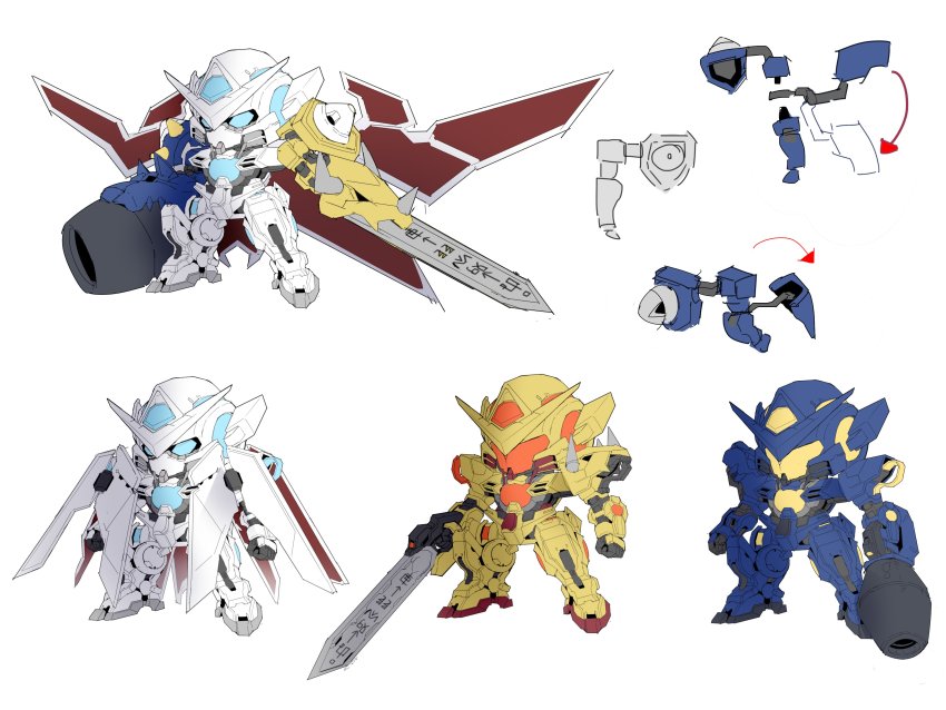 00_gundam absurdres arm_cannon blue_eyes chibi crossover digimon digimon_(creature) fusion gattai gn_drive gundam gundam_00 gundam_astraea_type-f gundam_exia highres holding holding_sword holding_weapon mecha mechanization metalgarurumon multiple_views no_humans omegamon robot sword v-fin wargreymon weapon white_background zhu_fun
