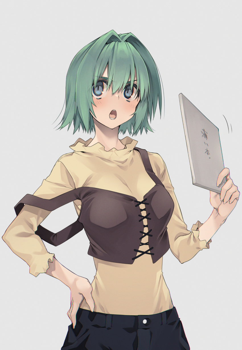 10mo 1girl blue_eyes comic_party female_focus green_hair grey_background hair_intakes hand_on_own_hip highres holding light_blush long_sleeves ooba_eimi open_mouth simple_background solo strap_slip v-shaped_eyebrows
