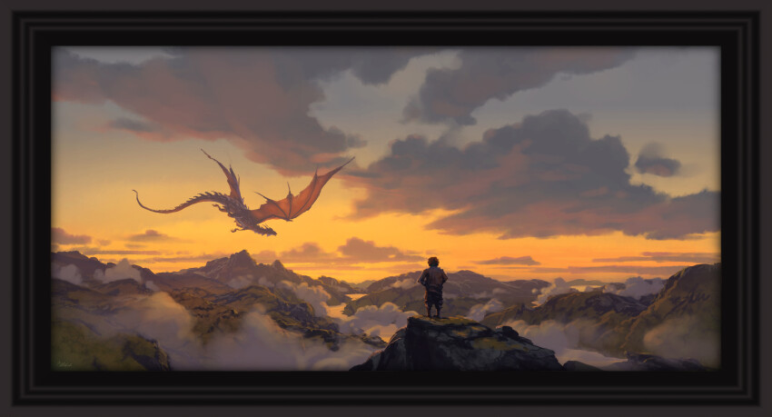 1boy absurdres baggy_pants black_boots black_hair black_pants blue_sky boots border cloud commentary dragon english_commentary evening fantasy flying fog from_behind gradient_sky highres hill krita_(medium) landscape long_sleeves mountain mountainous_horizon mountaintop nature orange_sky original ornate_border outdoors pants philipp_urlich river scenery shirt short_hair signature sky standing water western_dragon white_shirt