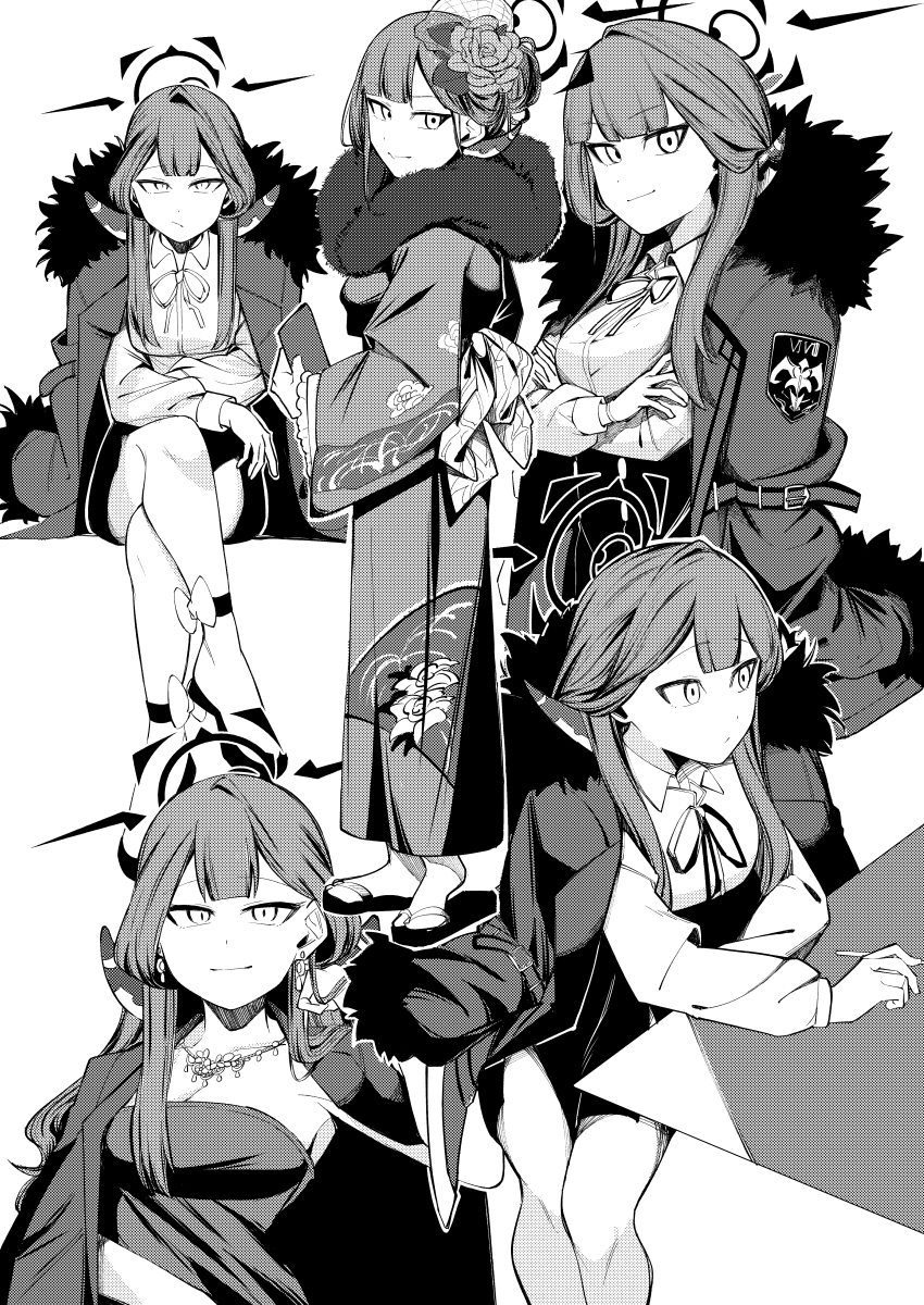 1girl :/ :| absurdres ankle_bow ankle_ribbon arm_rest arms_on_table aru_(blue_archive) aru_(dress)_(blue_archive) aru_(new_year)_(blue_archive) blue_archive bored bow breasts cleavage closed_mouth coat coat_on_shoulders collarbone collared_shirt commentary_request crossed_arms crossed_legs demon_horns diamond_necklace dot_nose dress earrings emblem floral_print flower fur-trimmed_coat fur-trimmed_kimono fur_trim greyscale hair_flower hair_ornament hair_over_shoulder halftone halo hand_in_own_hair hands_on_own_thighs highres horns japanese_clothes jewelry kihito_(tree_man10) kimono leg_ribbon light_smile long_hair long_sleeves looking_at_viewer looking_to_the_side medium_breasts miniskirt monochrome neck_ribbon necklace obi official_alternate_costume open_clothes open_coat parted_bangs parted_lips pencil_skirt ribbon sandals sash shirt shoes side_slit sitting skirt sleeve_cuffs smile solo strapless strapless_dress tabi thighs white_background wide_sleeves zouri