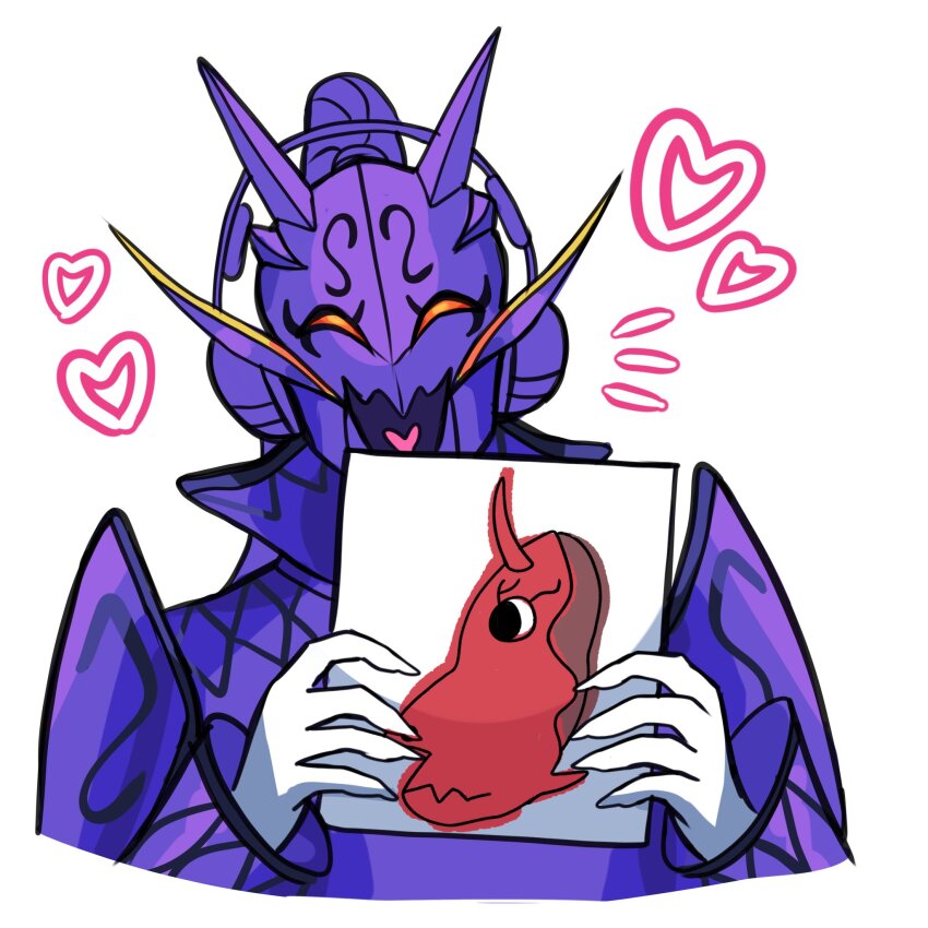 angele_darliing armor dragon drawing_(object) headphones heart highres hyperpigmentation_(meme) kamen_rider kamen_rider_den-o_(series) momotaros monster monster_boy oni purple_armor purple_hair ryutaros smile