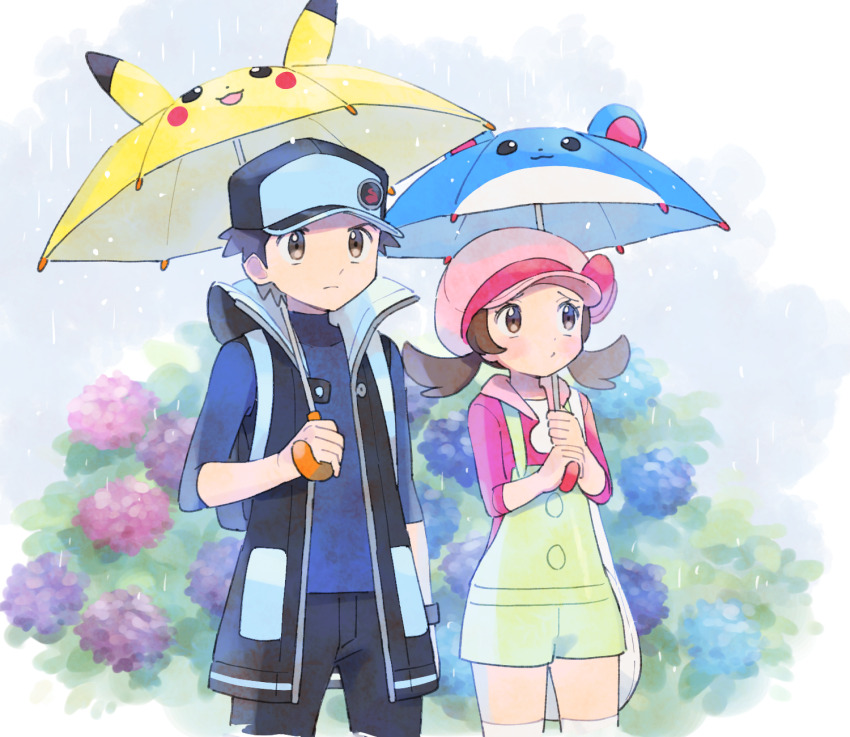1boy 1girl black_pants black_vest brown_eyes brown_hair commentary_request flower frown game_freak gen_1_pokemon gen_2_pokemon green_overalls hat highres holding holding_umbrella hood hoodie lyra_(pokemon) marill nintendo objectification official_alternate_color overalls pants pikachu pink_hat pink_hoodie pokemon pokemon_masters_ex pumpkinpan rain red_(pokemon) red_(sygna_suit)_(pokemon) twintails umbrella vest