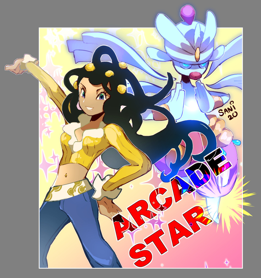 1girl absurdres black_hair crop_top dahlia_(pokemon) dark-skinned_female dark_skin gen_3_pokemon hair_bobbles hair_ornament highres medicham mega_medicham mega_pokemon midriff navel nintendo pokemon pokemon_(creature) pokemon_dppt pokemon_platinum sanikink signature sparkle