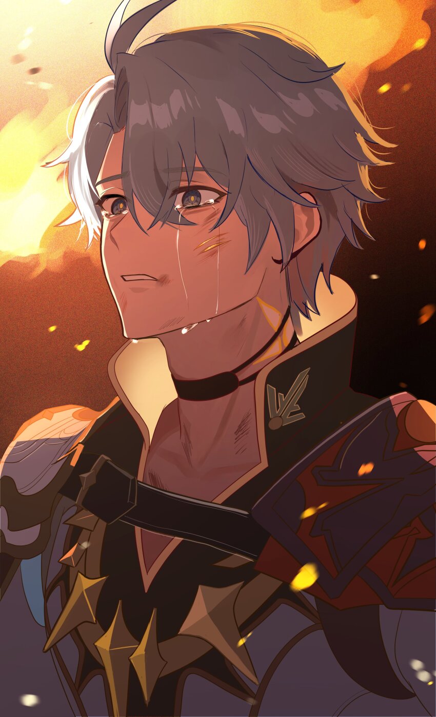 1boy absurdres antenna_hair armor black_choker black_shirt blue_eyes choker coat crying crying_with_eyes_open hashtag-only_commentary highres honkai:_star_rail honkai_(series) injury kass_(jtsp0) looking_to_the_side male_focus neck_tattoo parted_bangs parted_lips pauldrons phainon_(honkai:_star_rail) shirt short_hair shoulder_armor single_pauldron solo sun_symbol sun_tattoo tan tattoo tears upper_body white_coat white_hair