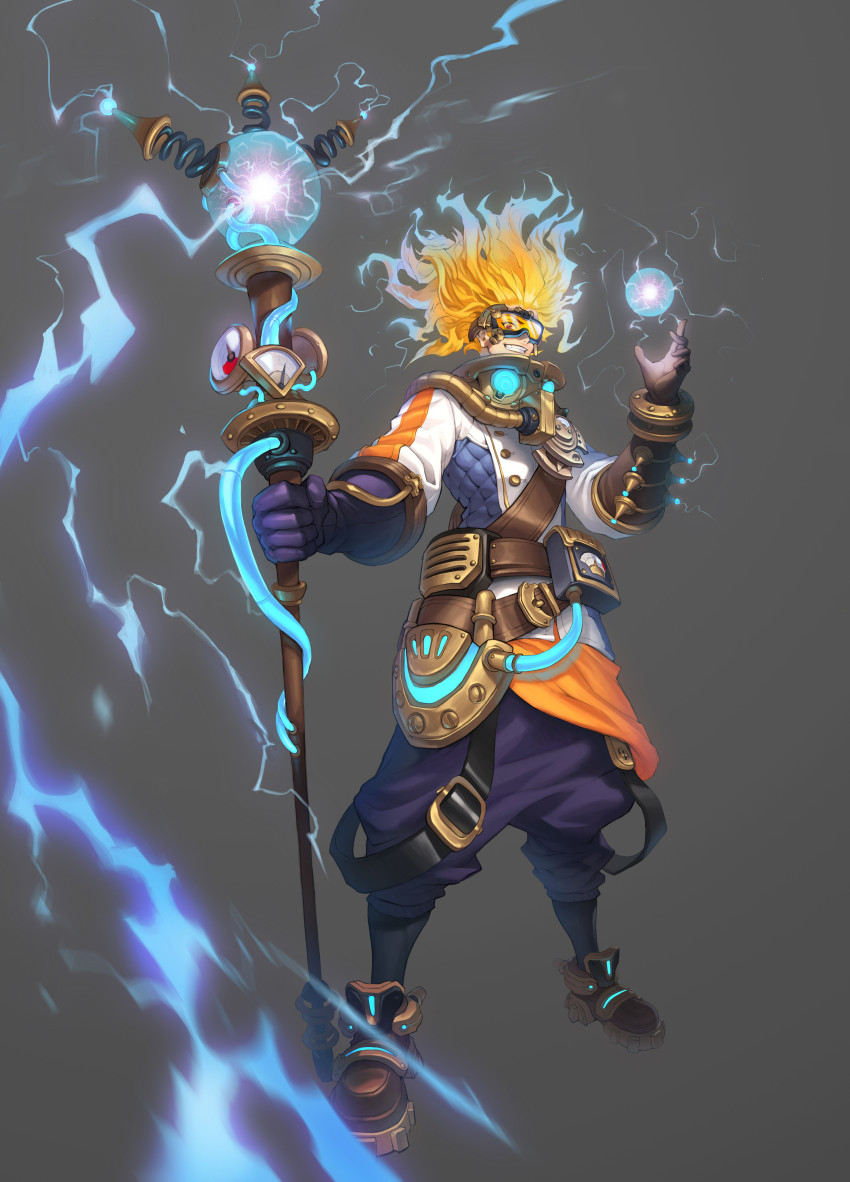 1boy absurdres blonde_hair commentary electricity english_commentary fantasy floating_hair from_below gauge gloves goggles grey_background highres holding holding_staff looking_down male_focus orange_eyes original purple_gloves smile solo staff wire wizard y_frt