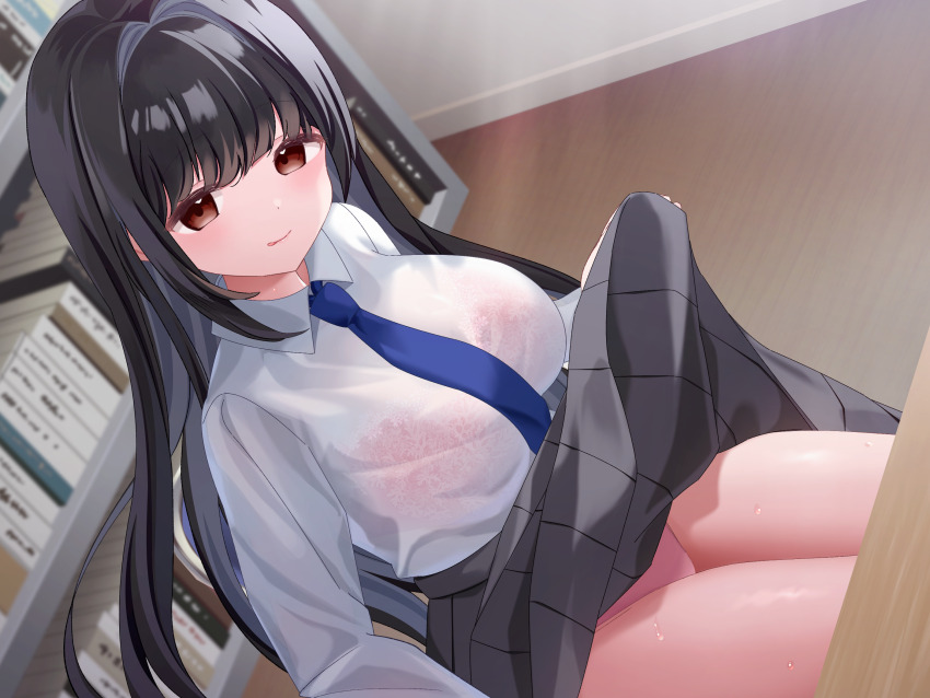 1girl :p black_hair black_skirt blue_necktie book bookshelf bra bra_visible_through_clothes breasts brown_eyes clothes_lift collared_shirt floor highres lace lace-trimmed_bra lace_trim large_breasts lifting_own_clothes long_hair long_sleeves looking_at_viewer necktie original panties pink_bra pink_panties school_uniform see-through_clothes see-through_shirt shimofuri_takenoko shirt sidelocks sitting skirt skirt_lift solo table thighs tongue tongue_out underwear wet wet_clothes white_shirt