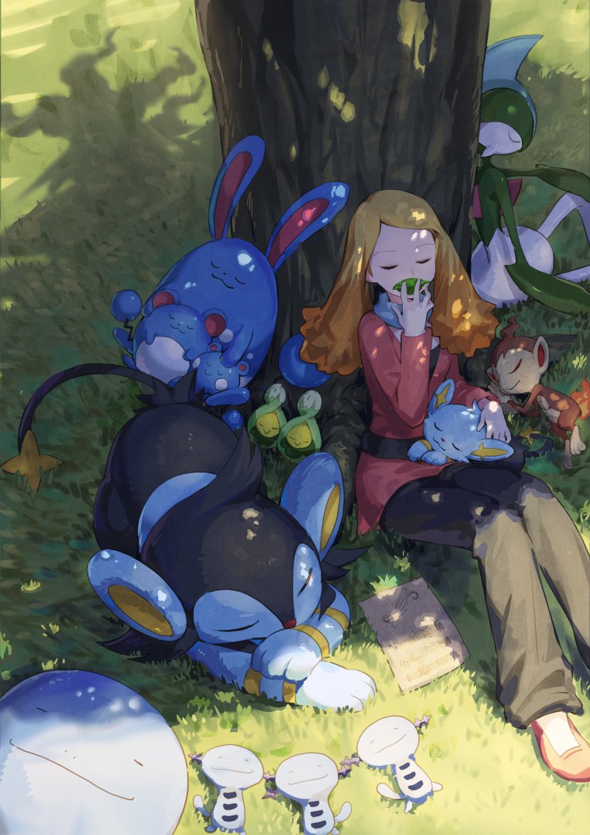 1girl absurdres alice_(pokemon) azumarill azurill belt black_belt black_pants blonde_hair blouse brown_hair budew chimchar darkrai gallade gen_2_pokemon gen_3_pokemon gen_4_pokemon grass highres holding holding_leaf leaf legendary_pokemon long_hair luxio marill musical_staff mythical_pokemon nemoto_yuuma nintendo pants pokemon pokemon:_the_rise_of_darkrai pokemon_(anime) pokemon_(creature) pokemon_dppt_(anime) quagsire red_footwear red_shirt shadow shinx shirt sitting sleeping tree whistling wooper