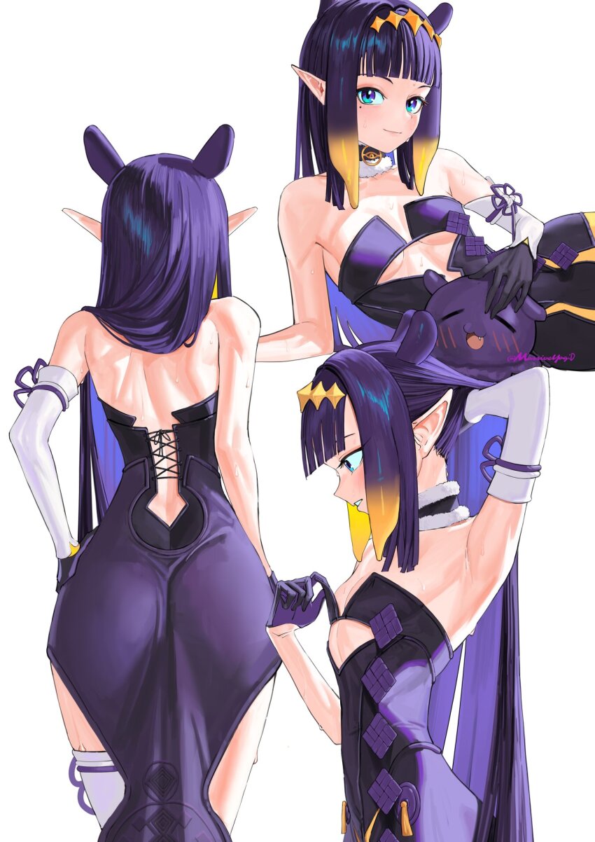 1girl 1other alternate_eye_color arm_up ass bare_shoulders blue_eyes blunt_bangs blush breasts choker commentary detached_sleeves diamond_hairband dress english_commentary from_behind from_side fur-trimmed_choker fur_trim gradient_hair hand_in_own_hair highres hololive hololive_english light_smile long_hair looking_at_viewer lying massiveyog mole mole_under_eye multicolored_hair multiple_views ninomae_ina&#039;nis ninomae_ina&#039;nis_(1st_costume) octopus on_side orange_hair pointy_ears purple_hair sidelocks simple_background single_detached_sleeve small_breasts strapless strapless_dress sweat takodachi_(ninomae_ina&#039;nis) tentacle_hair tube_dress very_long_hair virtual_youtuber white_background wide_hips