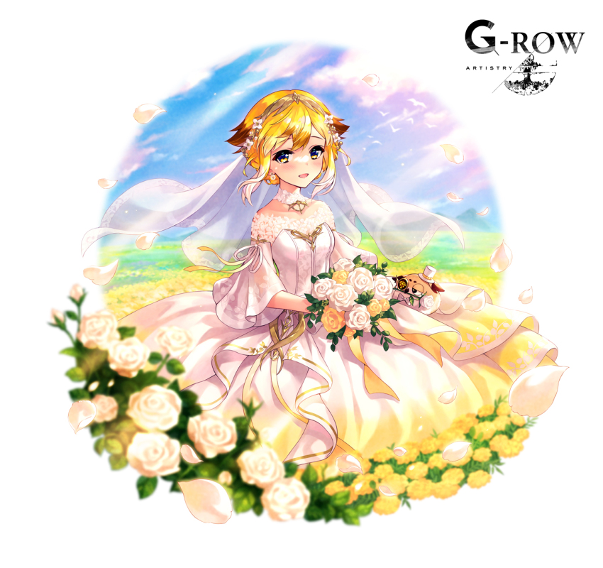 1girl ancient_killers_(phantom_of_the_kill) bird blonde_hair blue_sky bouquet breasts commentary_request day dress field flower flower_field highres holding holding_bouquet looking_at_viewer medium_breasts mikan_ame_(gumi) minerva_(phantom_of_the_kill) multicolored_eyes official_art open_mouth outdoors owl phantom_of_the_kill rose second-party_source sidelocks sky standing tearing_up two-tone_eyes wedding_dress white_dress white_flower white_petals white_rose
