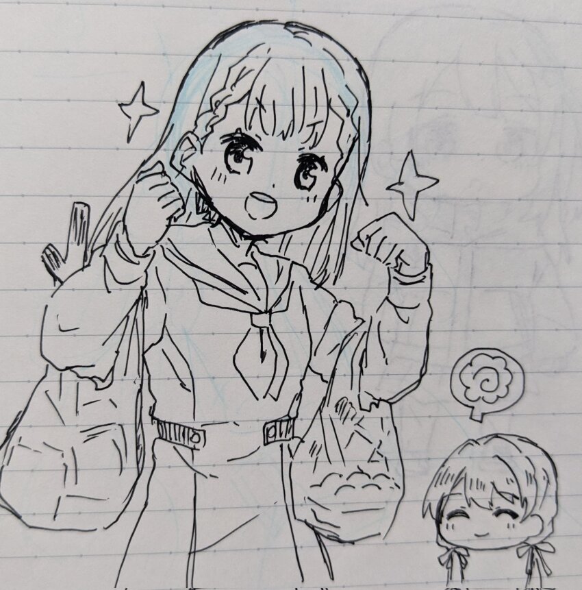 2girls :d ^_^ bag blunt_bangs braid carrying center-flap_bangs chibi chibi_inset clenched_hands closed_eyes closed_mouth commentary dress food grocery_bag hair_ribbon hanamaru hasu_no_sora_school_uniform highres kachimachi_kosuzu link!_like!_love_live! long_hair long_sleeves looking_at_viewer love_live! low_twintails massigura multiple_girls murano_sayaka neckerchief open_mouth photo_(medium) pleated_dress ribbon sailor_collar sailor_dress school_uniform shopping_bag side_braids sketch smile solo_focus sparkle spoken_symbol straight_hair teeth traditional_media twintails upper_body upper_teeth_only v-shaped_eyebrows virtual_youtuber winter_uniform
