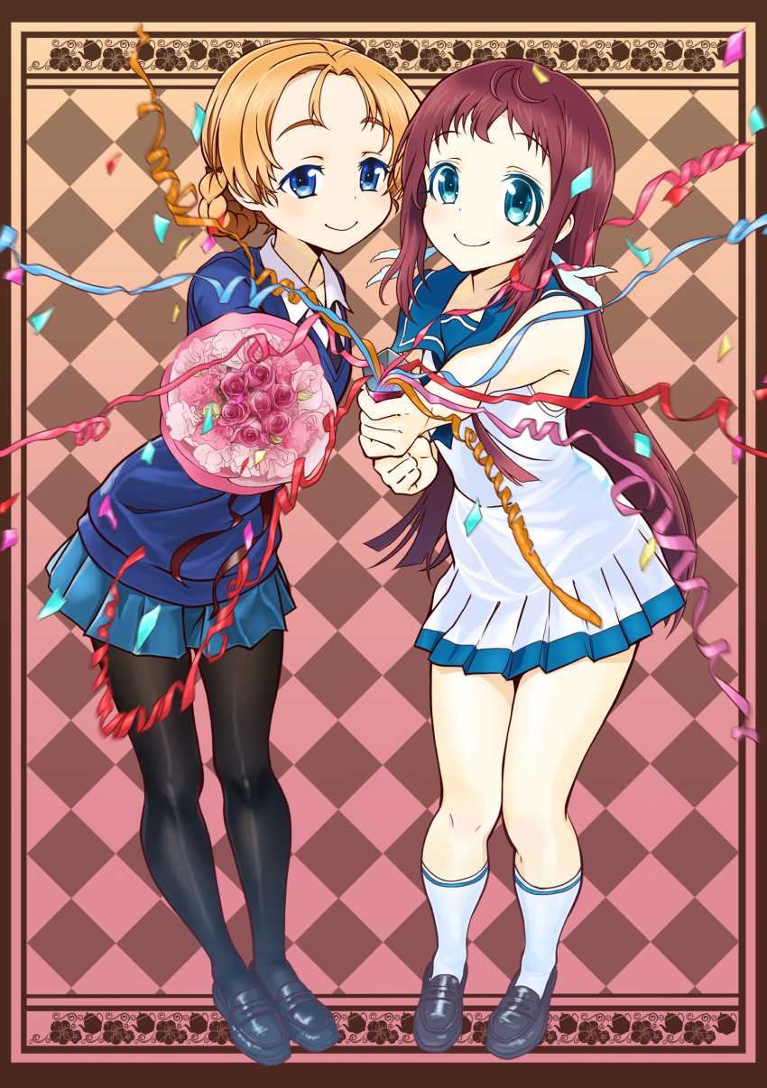 2girls absurdres black_bow black_legwear blue_eyes blue_sailor_collar blue_sweater bouquet bow braid brown_hair checkered_background crossover dress flower girls_und_panzer hair_bow highres long_hair looking_at_viewer mukaido_manaka multiple_girls nagi_no_asukara nami_junior_high_school_uniform orange_hair orange_pekoe_(girls_und_panzer) pantyhose parted_bangs party_popper pp_bj sailor_collar sailor_dress school_uniform short_hair sleeveless sleeveless_dress st._gloriana&#039;s_school_uniform standing sweater twin_braids white_dress