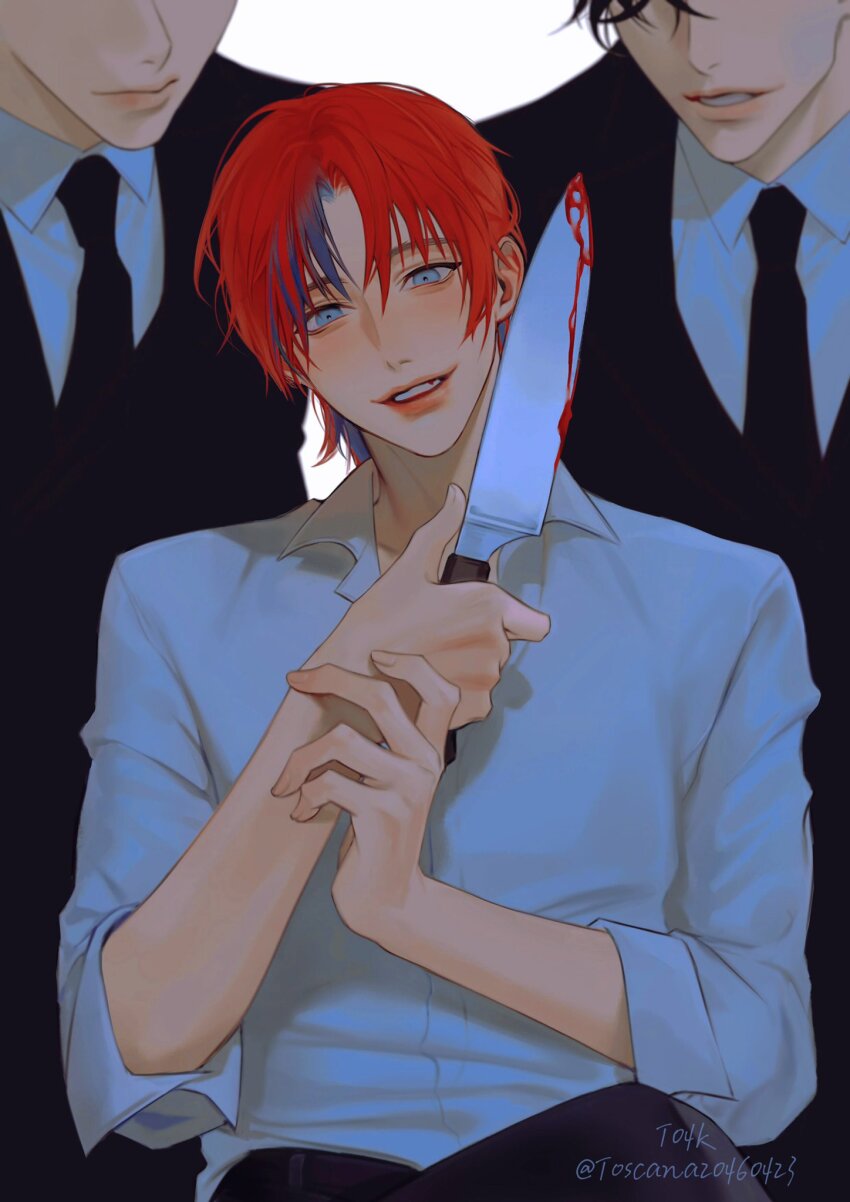 3boys artist_name black_hair black_jacket black_necktie black_pants blood blood_on_teeth bloody_knife blue_eyes blue_hair blush closed_mouth cowboy_shot hair_between_eyes highres holding holding_knife holding_own_arm jacket knife looking_at_viewer male_focus multicolored_hair multiple_boys necktie original pants parted_lips red_hair shirt short_hair simple_background solo_focus standing streaked_hair teeth thick_lips toscana20460423 twitter_username two-tone_hair upper_body white_background white_shirt