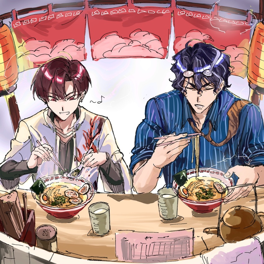 eating eyewear_on_head fate/grand_order fate_(series) highres shirt sitting smile striped_clothes striped_shirt takasugi_shinsaku_(fate) takasugi_shinsaku_(first_ascension)_(fate) vertical-striped_clothes vertical-striped_shirt yoshida_shouin_(fate)