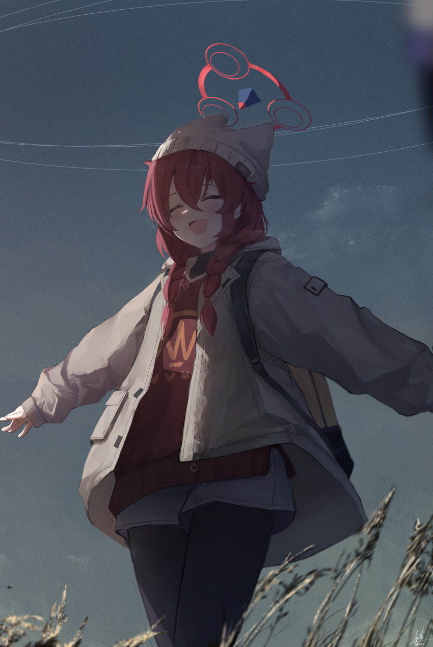 1girl absurdres black_pantyhose blue_archive braid commentary cowboy_shot grey_jacket halo highres hood hooded_jacket jacket kyatto-mikazu maki_(blue_archive) maki_(camp)_(blue_archive) official_alternate_costume open_clothes open_jacket open_mouth outdoors outstretched_arms pantyhose red_hair red_halo red_shirt shirt shorts sky smile solo standing twin_braids white_shorts