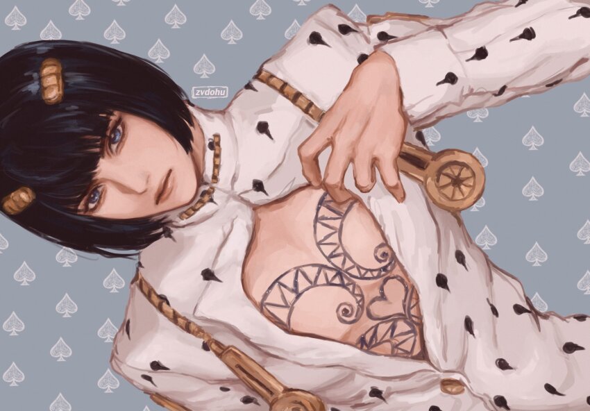 1boy bare_pectorals black_hair blue_eyes bob_cut bruno_bucciarati chest_tattoo formal_clothes highres jojo_no_kimyou_na_bouken long_sleeves pectorals short_hair solo suit tattoo white_suit zipper zipper_pull_tab zvdohu