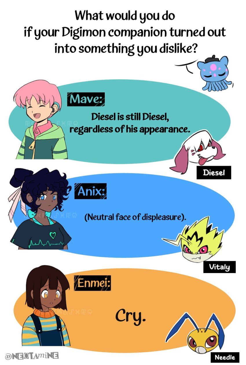 artist_name closed_eyes digimon digimon_(creature) english_text floating funbeemon hat highres labramon pulsemon puyoyomon simple_background white_background