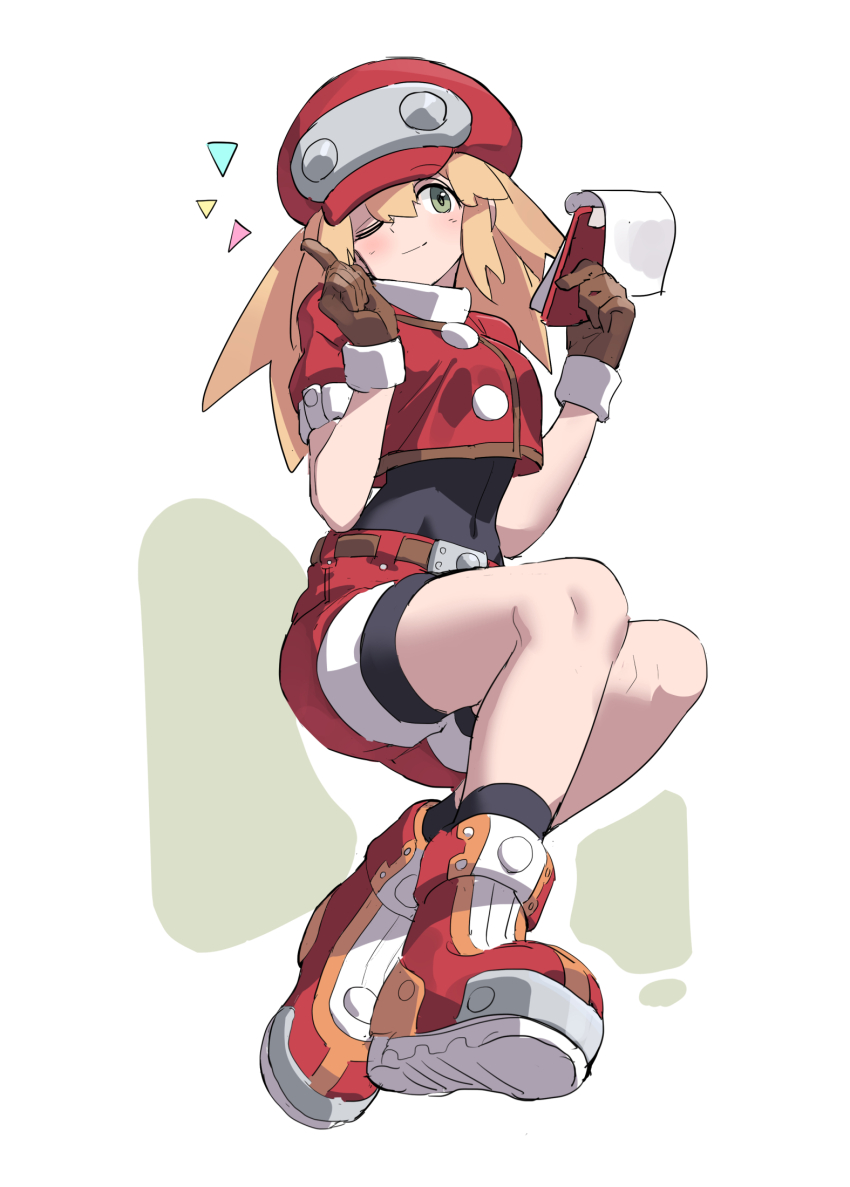 1girl black_bodysuit blonde_hair bodysuit boots brown_gloves closed_mouth covered_navel crop_top cropped_jacket gloves green_eyes hat highres huanxiang_huifeng jacket long_hair mega_man_(series) mega_man_legends_(series) one_eye_closed red_boots red_hat red_jacket red_shorts roll_caskett_(mega_man) shorts smile solo white_background