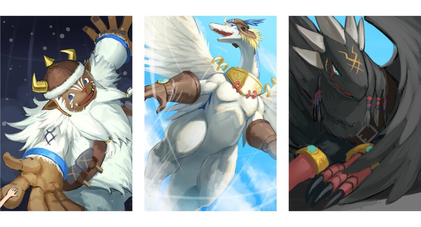 bigfoot bigfoot_(legendz) dragon garion_(legendz) goggles goggles_on_head griffin gryphon_(legendz) helmet highres hippogriff_(fate) legendz legendz_(creature) shiron_(legendz) wingdragon wings zuou_(legendz)
