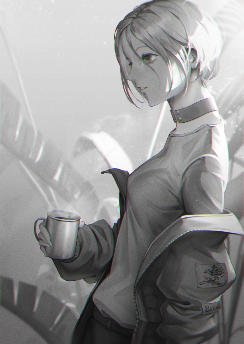 1girl absurdres belt breasts choker coffee_mug commentary cup doloyume english_commentary fern from_side greyscale highres holding holding_cup jacket jacket_partially_removed light_particles long_sleeves medium_breasts mole mole_under_mouth monochrome mug original parted_lips patch plant profile shirt short_hair solo standing t-shirt unzipped upper_body zipper