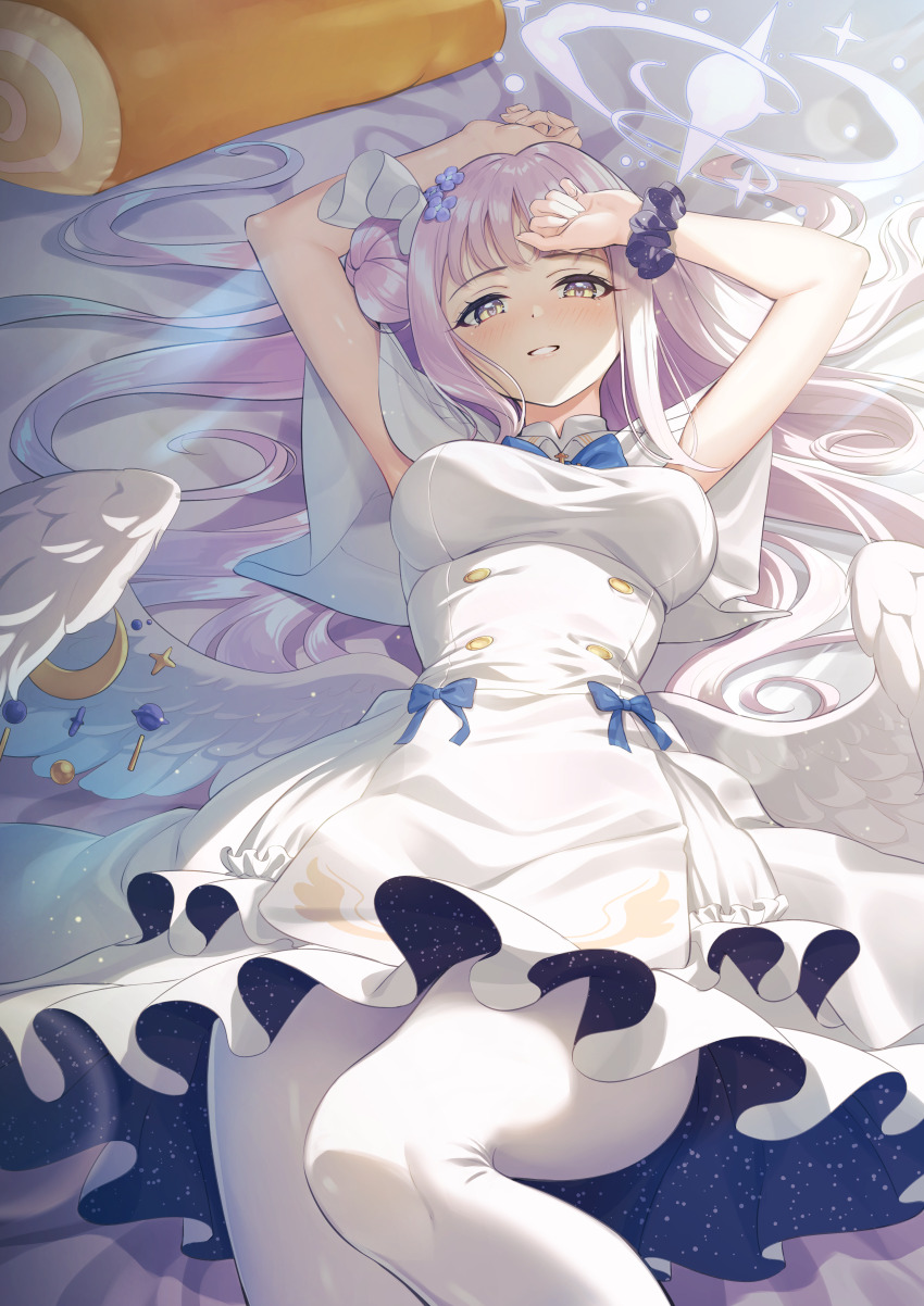 1girl absurdres blue_archive blush capelet dress flower frilled_dress frills hair_bun hair_flower hair_ornament halo highres long_hair looking_at_viewer mika_(blue_archive) open_mouth pantyhose pink_hair pink_halo purple_flower purple_scrunchie rice_rabbit22 scrunchie single_side_bun smile solo white_capelet white_dress white_pantyhose wrist_scrunchie yellow_eyes