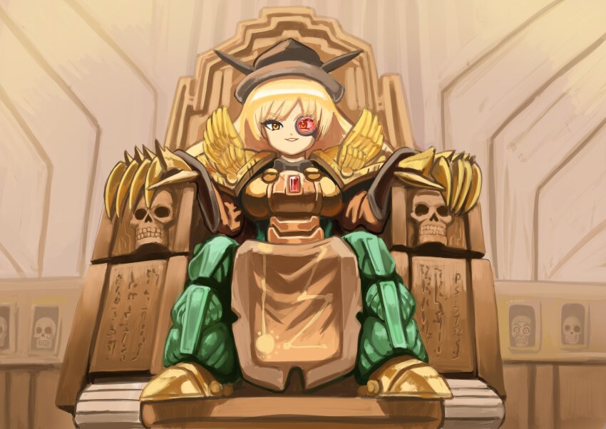 1girl :d armor armored_boots blonde_hair boots chinese_clothes claw_(weapon) commission cosplay emperor_of_mankind emperor_of_mankind_(cosplay) full_body gold grin highres long_hair long_sleeves looking_at_viewer matara_okina open_mouth profitshame sitting skull_ornament smile solo teeth throne touhou warhammer_40k weapon yellow_eyes