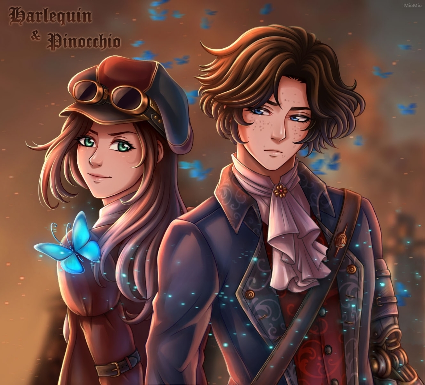 1boy 1girl ascot back-to-back black_hair blue_butterfly blue_eyes brown_hair bug butterfly closed_mouth coat freckles goggles goggles_on_headwear green_eyes harlequin hat highres insect jacket kamoen lies_of_p long_hair long_sleeves mechanical_arms pinocchio_(lies_of_p) prosthesis prosthetic_arm short_hair single_mechanical_arm smile steampunk upper_body white_ascot