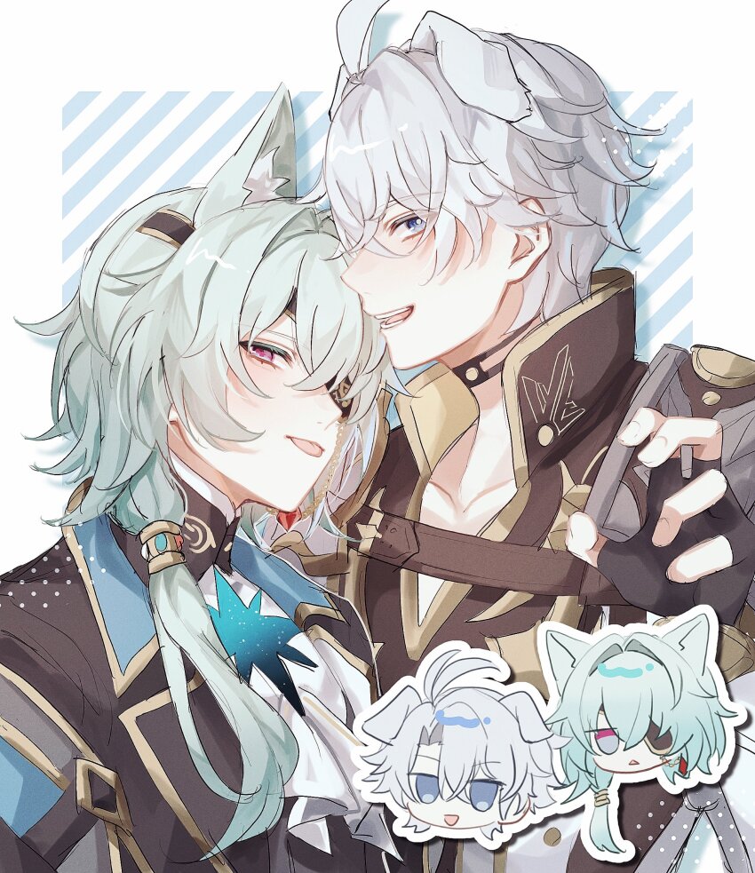 2boys anaxa_(honkai:_star_rail) aqua_hair cat_boy chibi dog_boy eyepatch fz7047 grey_hair hair_between_eyes highres honkai:_star_rail honkai_(series) looking_at_viewer male_focus multiple_boys one_eye_covered phainon_(honkai:_star_rail) pink_pupils short_hair solo tongue tongue_out upper_body