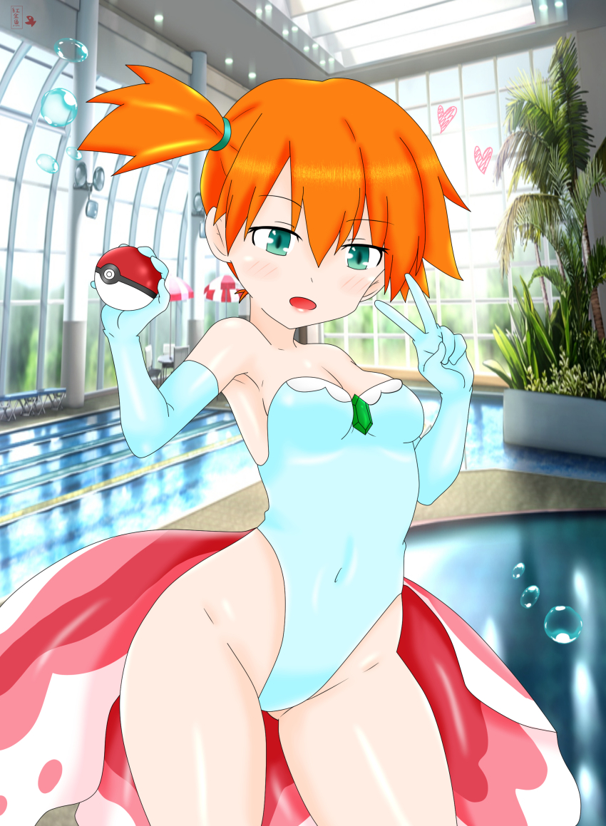 1girl absurdres breasts cleavage cosplay gen_1_pokemon goldeen goldeen_(cosplay) highleg highleg_leotard highres leotard medium_breasts misty_(pokemon) nintendo poke_ball pokemon pokemon_(anime) pokemon_(classic_anime) pokemon_ep043 pool side_ponytail white_leotard