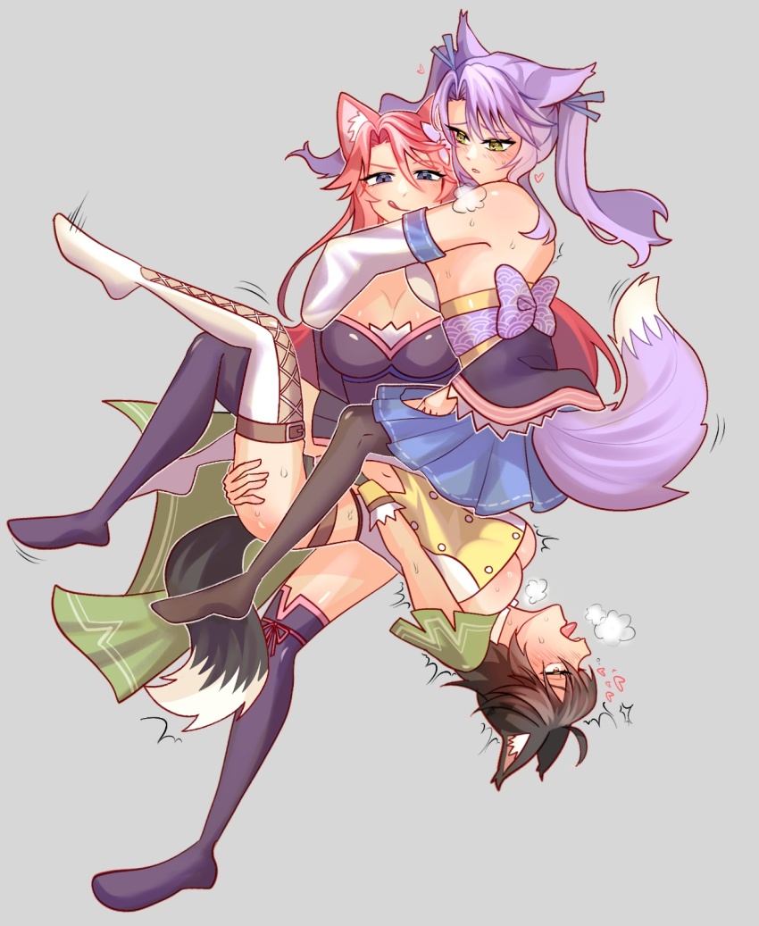 3girls ahoge animal_ears artist_request black_hair blue_eyes commission commissioner_upload dynamic_pose fox_archer_(sakura_dungeon) fox_ears fox_girl fox_miko_(sakura_dungeon) fox_tail grabbing_another&#039;s_thighs green_eyes highres hug leg_lock licking_lips multiple_girls non-web_source nontraditional_miko pink_hair purple_eyes sakura_dungeon smile tail thighhighs tongue tongue_out trembling twintails yomi_(sakura_dungeon) yuri