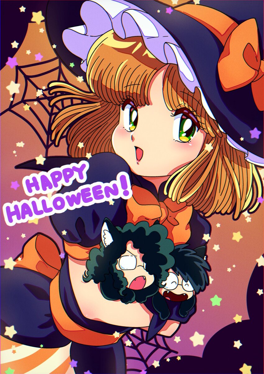 1girl 2boys animal_ear_fluff animal_ears belt black_dress black_hair bow bowtie brown_hair carrying carrying_person cat_boy cat_ears chibi commentary crossed_arms dress dutch_angle fang frills glasses green_eyes halloween halloween_costume happy_halloween hat hat_bow highres iidabashi_hiroshi long_hair looking_at_viewer medium_hair mini_person miniboy multiple_boys nanako_(nanako_sos) nanako_sos nka_46 open_mouth orange_belt orange_bow puffy_short_sleeves puffy_sleeves round_eyewear short_hair short_sleeves silk smile spider_web star_(symbol) witch_hat yotsuya_eiichirou