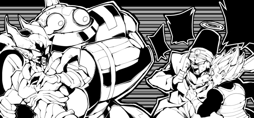 4boys anger_vein angry armor auta_magetta blank_speech_bubble clenched_hands commentary_request dragon_ball dragon_ball_super dragonball_z fangs flying_spittle halo haseko123 hat horns janemba male_focus monochrome multiple_boys muscular muscular_male pikkon pointy_ears robot saiyan_armor speech_bubble spiked_hair super_saiyan sweatdrop teardrop vegeta