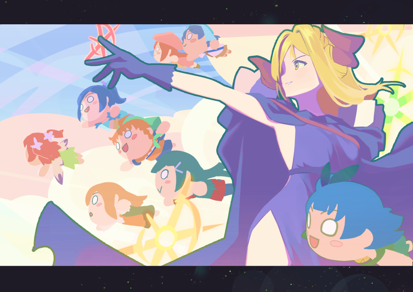 1girl :d armpits attack backless_dress backless_outfit black_hair blonde_hair blue_cape blue_gloves blue_hair blush_stickers breasts brown_hair cape chika_(genjitsu_no_yohane) commentary_request demon_girl demon_horns dia_(genjitsu_no_yohane) dress genjitsu_no_yohane gloves green_bonnet grin hanamaru_(genjitsu_no_yohane) hat highres horns kanan_(genjitsu_no_yohane) korean_commentary kunikida_hanamaru kurosawa_dia kurosawa_ruby large_breasts long_hair love_live! love_live!_sunshine!! magic mari_(genjitsu_no_yohane) matsuura_kanan nesoberi ohara_mari open_mouth orange_hair pink_hat ponytail purple_dress red_hair redame riko_(genjitsu_no_yohane) ruby_(genjitsu_no_yohane) sakurauchi_riko side_slit sideless_dress sleeveless sleeveless_dress smile solo takami_chika tsushima_yoshiko two_side_up watanabe_you yellow_eyes yohane_(genjitsu_no_yohane) you_(genjitsu_no_yohane)