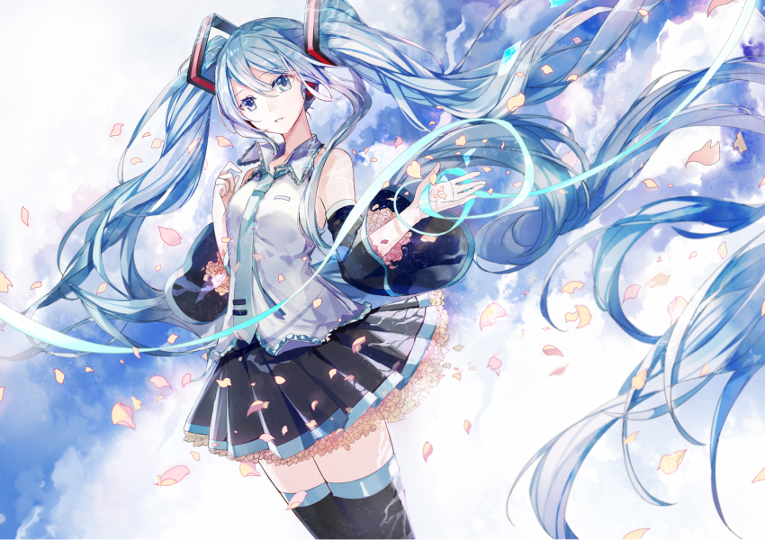 1girl absurdly_long_hair blue_eyes blue_hair detached_sleeves female_focus hatsune_miku long_hair mamenomoto necktie skirt solo thighhighs twintails very_long_hair vocaloid