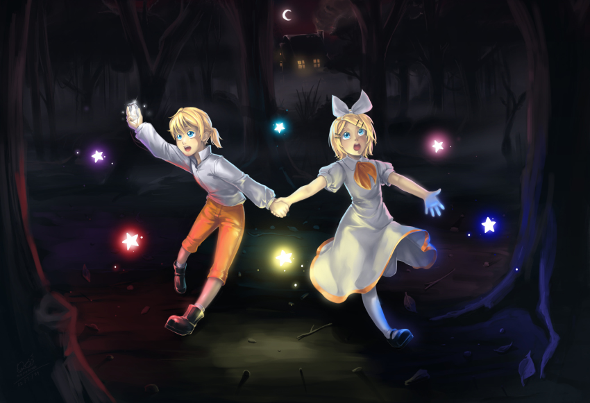 1boy 1girl arm_up begging black_footwear blonde_hair blue_eyes boots bottle bow brother_and_sister brown_legwear cabin chrono_story_(vocaloid) crescent_moon dated doblemjwn dress evillious_nendaiki fog forest glowing gretel_(evillious_nendaiki) hair_bow hair_ornament hairclip hansel_(evillious_nendaiki) highres holding_hands hut kagamine_len kagamine_rin leaf looking_up moon nature night night_sky open_mouth orange_pants outstretched_arms pants pigeon-toed seven_deadly_sins shirt shoes short_hair siblings signature sky sparkle standing standing_on_one_leg star_(symbol) twins vocaloid white_dress white_legwear white_shirt