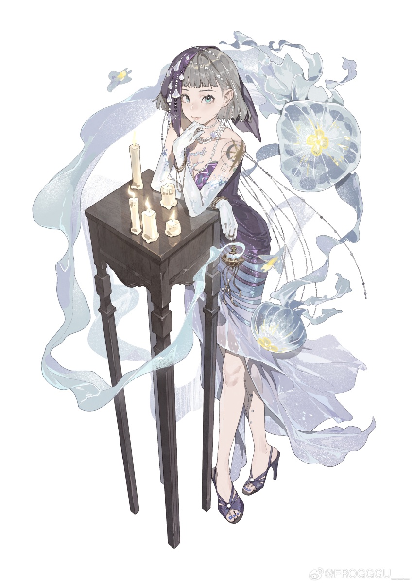 1girl absurdres arms_on_table bare_shoulders blue_eyes blue_nails blunt_bangs blunt_ends candle closed_mouth crossed_legs dress elbow_gloves elbow_on_table evening_gown frogggu from_above full_body gloves grey_hair hair_ornament hand_on_own_chin hand_up high_heels highres holding_incense_burner jellyfish jewelry long_dress looking_at_viewer mercuria_(reverse:1999) nail_polish necklace official_alternate_costume pearl_hair_ornament pearl_necklace purple_dress purple_footwear purple_veil reverse:1999 shell_hair_ornament short_hair shoulder_tattoo side_slit solo standing strapless strapless_dress table tattoo toeless_footwear toenail_polish toenails veil watermark watson_cross weibo_watermark white_background white_gloves
