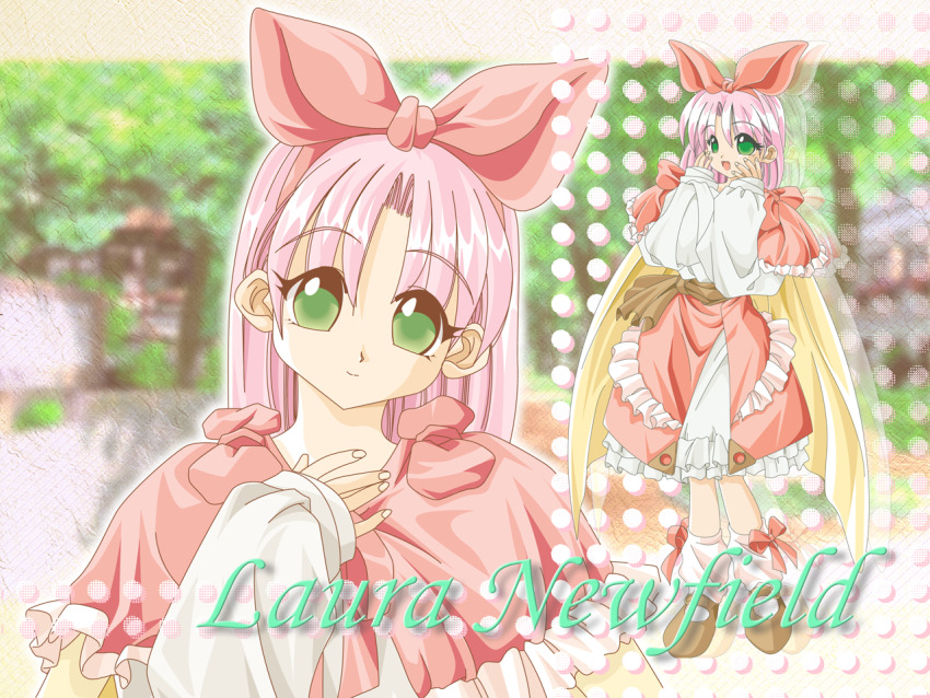 1girl atelier-moo bow cape capelet character_name frills full_body green_eyes hair_bow hand_up hands_on_own_cheeks hands_on_own_face laura_newfield long_hair long_sleeves looking_at_viewer open_mouth parted_bangs pink_bow pink_hair red_bow red_capelet ribbon shoes smile solo standing upper_body yellow_cape yuukyuu_gensoukyoku