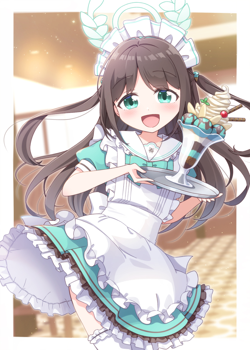 1girl :d airi_(blue_archive) alternate_costume aqua_dress aqua_eyes aqua_halo blue_archive border brown_hair commentary_request dress enmaided frilled_dress frilled_thighhighs frills halo harada_(sansei_rain) highres holding holding_tray long_hair looking_at_viewer maid medium_dress mint_chocolate open_mouth outside_border puffy_short_sleeves puffy_sleeves sailor_collar sailor_dress short_sleeves smile solo thighhighs tray white_border white_sailor_collar white_thighhighs