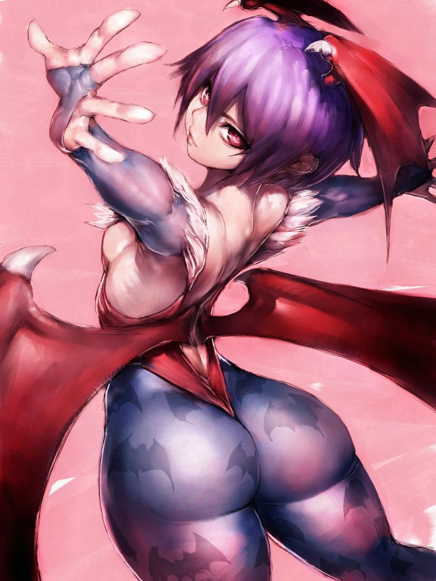1girl animal_print ass bare_back bat_print blue_pantyhose breasts bridal_gauntlets closed_mouth curvy darkstalkers demon_girl elbow_gloves female_focus from_behind fumio_(rsqkr) fur_trim gloves hair_between_eyes head_wings highleg highres huge_ass leotard light_smile lilith_(darkstalkers) looking_at_viewer looking_back low_wings monster_girl pantyhose parted_lips pink_background purple_gloves purple_hair red_eyes short_hair sideboob simple_background small_breasts solo thick_thighs thighs thong_leotard vampire_savior:_the_lord_of_vampire wedgie wide_hips wings