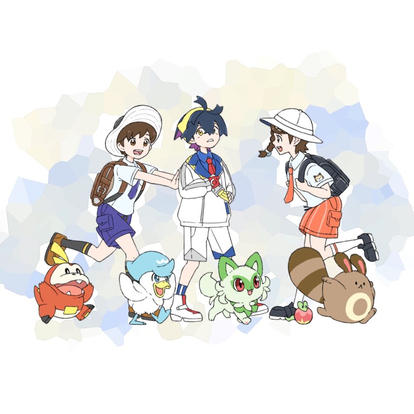 1girl 2boys :&lt; applin backpack bag black_hair black_hat black_socks blue_shorts braid brown_hair collared_shirt commentary_request florian_(pokemon) fuecoco gen_2_pokemon gen_8_pokemon h1na3 hairband hat highres jacket juliana_(pokemon) kieran_(pokemon) kneehighs multiple_boys naranja_academy_school_uniform necktie nintendo open_mouth orange_shorts pokemon pokemon_(creature) pokemon_sv purple_hair quaxly school_uniform sentret shirt shoes short_sleeves shorts simple_background socks sprigatito uva_academy_school_uniform white_hat white_jacket white_shorts white_socks yellow_hairband