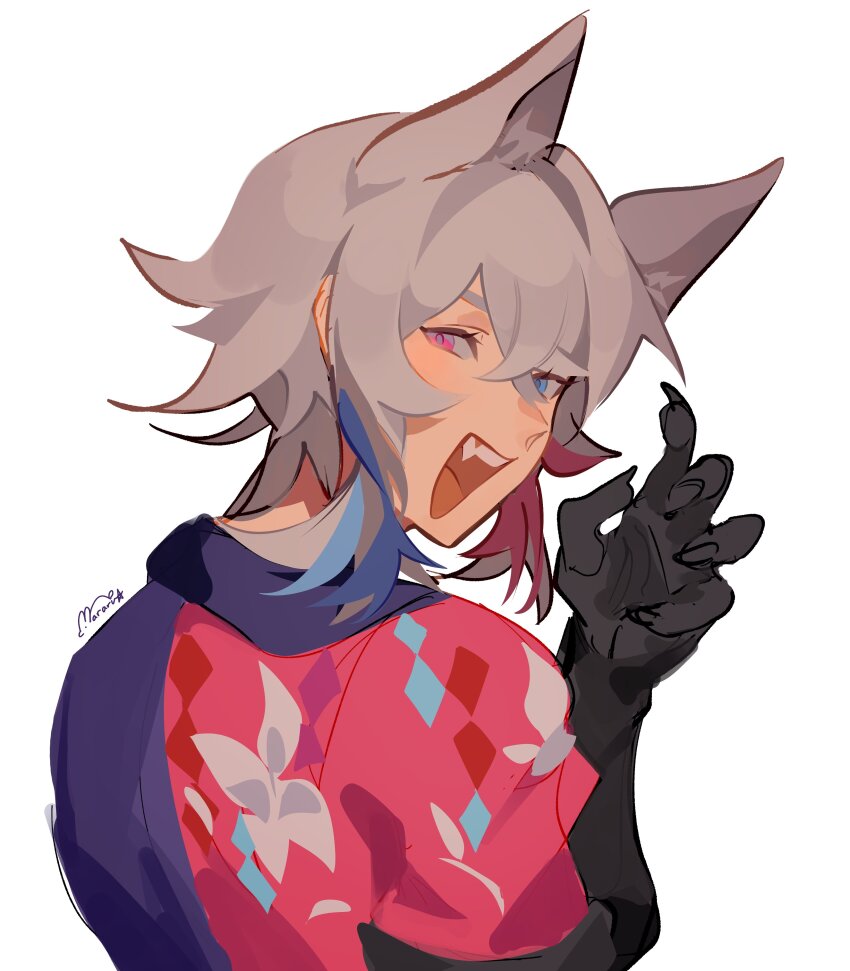 1boy absurdres animal_ears bishounen black_gloves blue_eyes blue_hair blush claw_pose coat commentary english_commentary eyelashes fang floral_print from_behind gavis_bettel gloves grey_hair hair_between_eyes heterochromia highres holostars holostars_english lily_print looking_at_viewer male_focus mararu medium_hair multicolored_coat multicolored_hair open_mouth pink_eyes pink_hair short_hair signature smile solo upper_body virtual_youtuber white_background wolf_ears