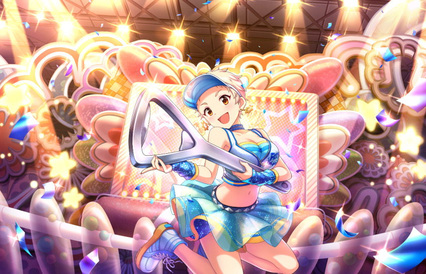 1girl :d artist_request blonde_hair blue_gloves blue_shirt blue_shoes blue_skirt blush bottle_opener confetti earrings elbow_gloves eyelashes gloves holding idolmaster idolmaster_cinderella_girls jacket jewelry midriff navel official_art open_mouth orange_eyes partially_unzipped pixie_cut senzaki_ema shirt shoes short_hair skirt smile solo sparkle stage_lights star_(symbol) third-party_source very_short_hair visor_cap white_jacket