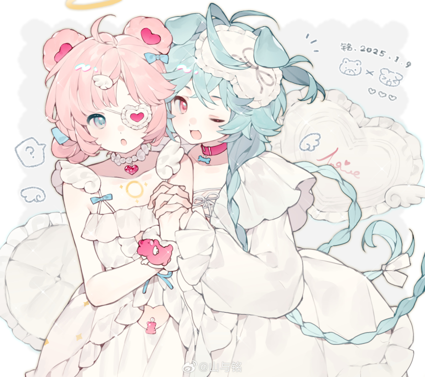 2girls :o ? ahoge angel_wings animal_collar animal_ears bead_choker beads bear_hair_ornament blue_bow blue_hair blue_ribbon blunt_bangs bone border bow braid bright_pupils cartoon_wings chest_jewel chest_tattoo chinese_commentary cleavage_cutout clothing_cutout collar collarbone commentary_request confused cowboy_shot dated detached_wings dog_ears dot_nose double_bun dress eyepatch floppy_ears frilled_eyepatch frilled_sleeves frills fur_cuffs grey_background hair_bow hair_bun hair_half_over_shoulder hair_ornament halo happy heart heart-shaped_gem heart_cutout heart_eyepatch heart_print highres holding_hands interlocked_fingers layered_sleeves long_hair long_sleeves mask mask_on_head multiple_girls notice_lines one_eye_closed open_mouth original outside_border parted_bangs pillow pink_eyes pink_gemstone pink_hair puffy_short_sleeves puffy_sleeves red_collar ribbon shanyu_ming short_dress short_hair short_over_long_sleeves short_sleeves signature sleep_mask sleeveless sleeveless_dress smile spoken_question_mark tareme tattoo traditional_halo twin_braids unworn_dress very_long_hair white_border white_bow white_dress white_mask white_pupils white_ribbon white_wrist_cuffs wing_hair_ornament wing_print wings wrist_cuffs yellow_halo