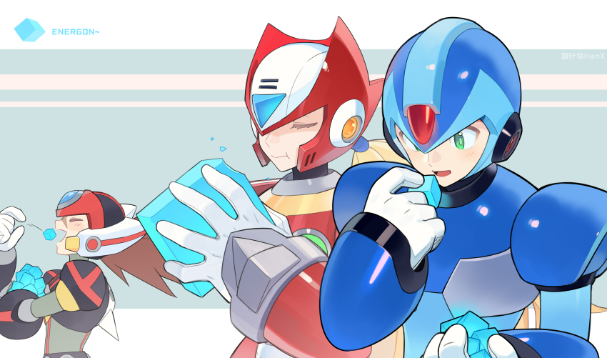 3boys absurdres android armor axl_(mega_man) black_armor blonde_hair blue_armor blue_helmet brown_hair buzzsaw_(6631455) chest_jewel closed_eyes crossover eating energon energon_cube forehead_jewel green_eyes helmet highres long_hair male_focus mega_man_(series) mega_man_x_(series) multiple_boys ponytail red_armor red_helmet spiked_hair transformers upper_body x_(mega_man) zero_(mega_man)